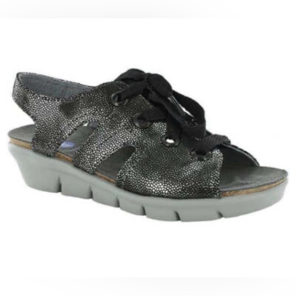 Wolky Women's Arena Black Metallic Nubuck Leather Lace-Up Sandals EU 37 US 6/6.5